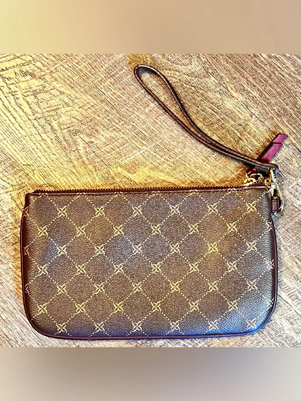 Nine West Brown Monogram Wristlet Zip Clutch Wallet Purse Gold Tone